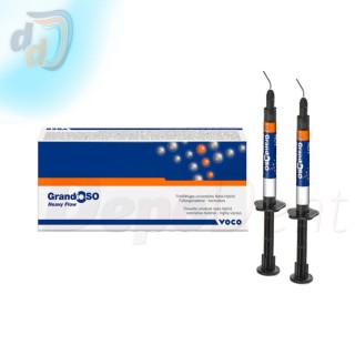 Composite fluido GrandioSO Heavy Flow de VOCO en dos jeringas de 2 g con cánulas