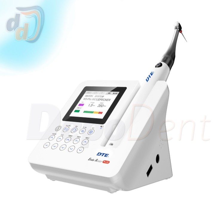 Endo Radar Plus de Woodpecker con su unidad de pantalla y la pieza de mano en el soporte