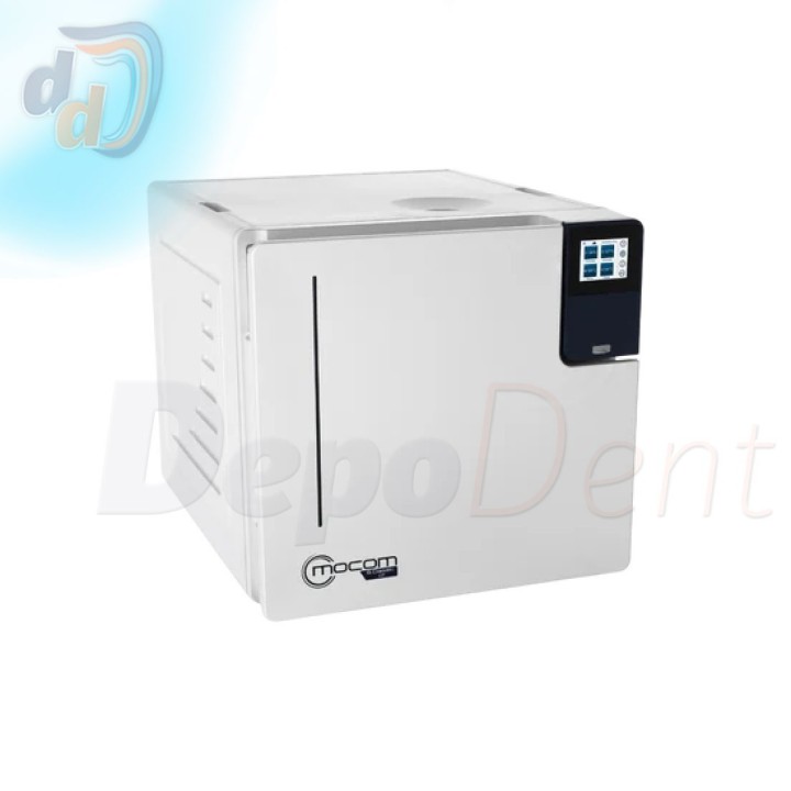Autoclave Mocom B Classic con la puerta abierta y las bandejas colocadas en su soporte dentro de la cámara