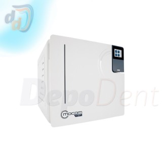 Autoclave Mocom B Classic de 22 litros con la puerta abierta y el soporte de bandejas en la cámara