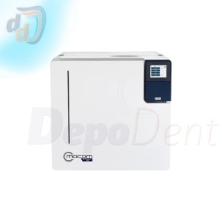 Autoclave Mocom B Classic de 28 litros con la puerta abierta y el soporte de bandejas en la cámara